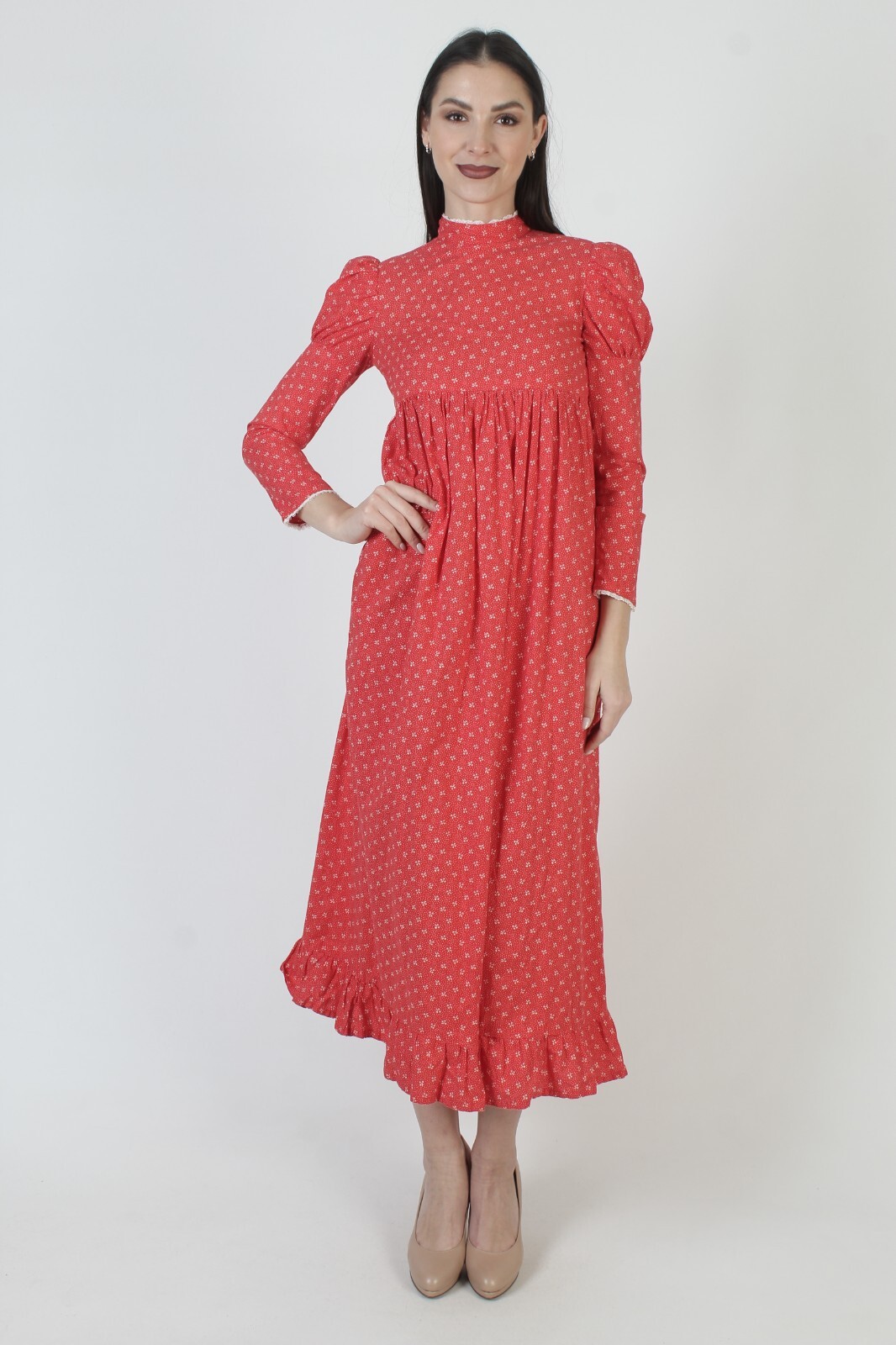 Vintage Red Floral Prairie Dress High Neck Old Fashion Hippie Boho Wedding Maxi