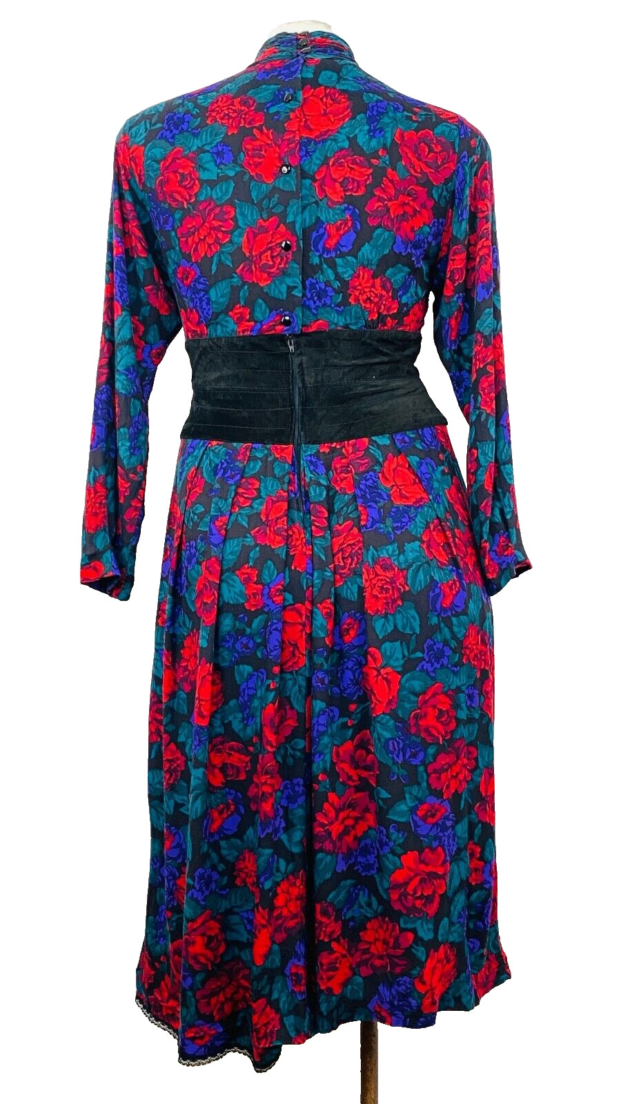 Vintage 1980s red purple floral midi dress, rayon suede waistband Victorian L XL