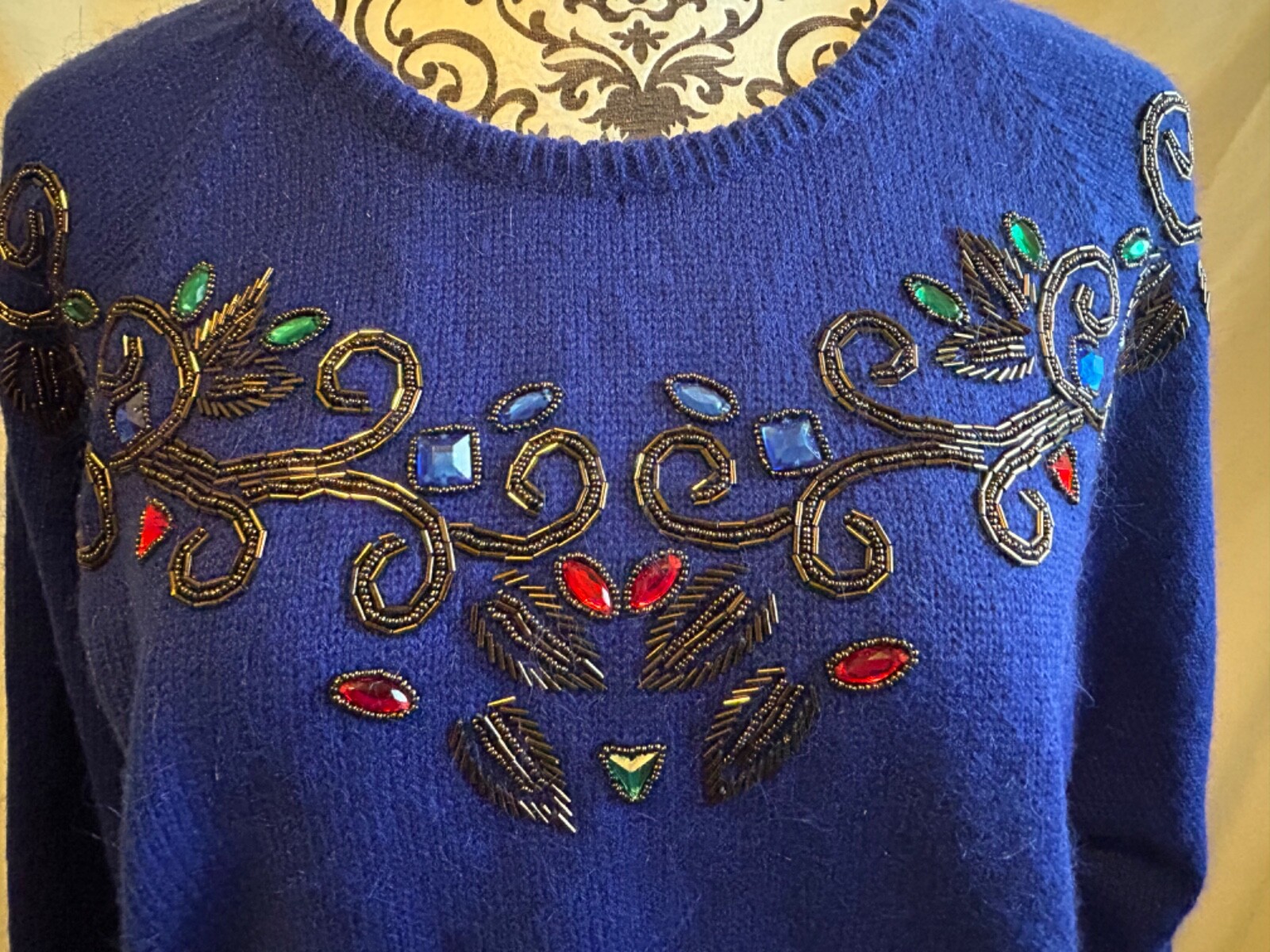 Vintage Carriage Court Women’s Medium Sweater Retro 80s Beaded Rhinestones Royal
