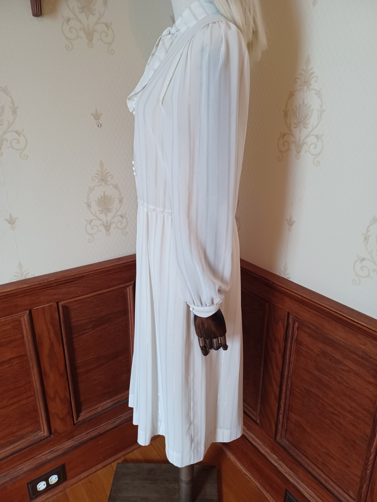 Vintage 70s/80s White Pussybow Semi-Sheer Dress with Gold and Silver Accents