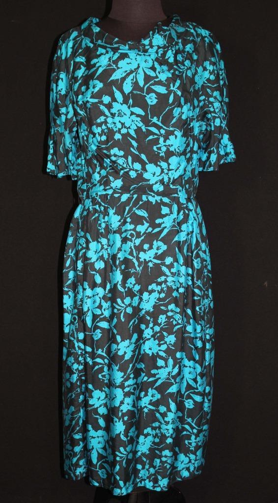 RARE VINTAGE 1960’S FINE SILK DARK TURQUOISE & BLACK FLORAL PRINT DRESS SIZE 8