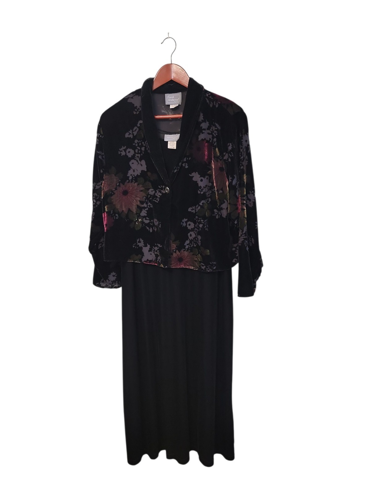Vintage Carol Anderson Velvet Floral Black Dress with Jacket Size Large Petite