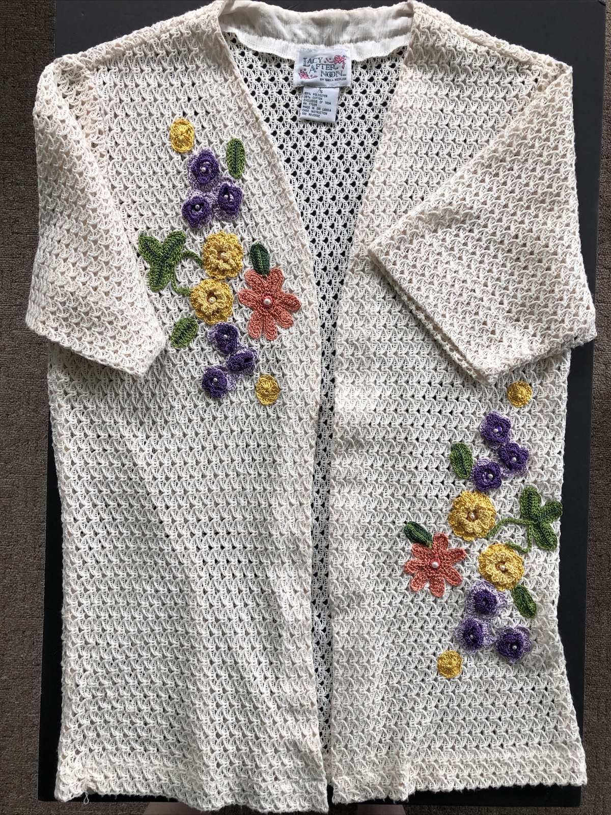 VTG Lacy Afternoon by Shell Kepler Womans(S) Crocheted/Beaded S/Sleeve Cardigan