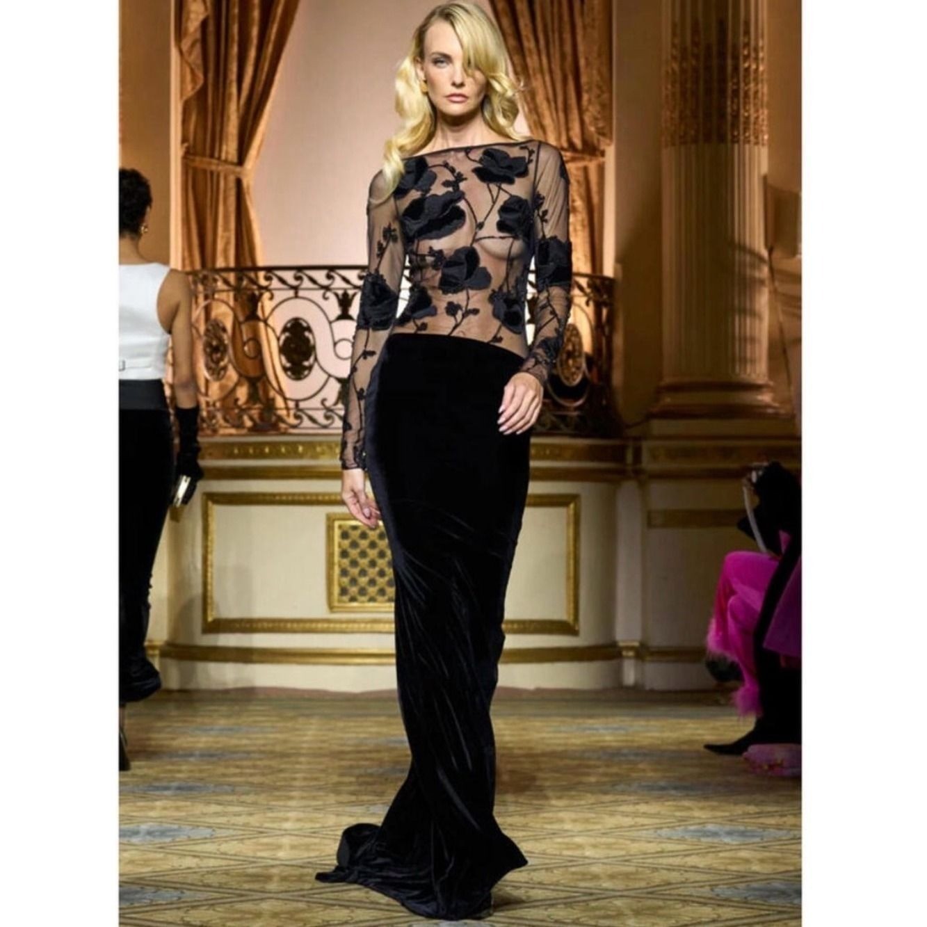 Retrofete Black Sheer Floral-Appliqué Velvet Gown NWOT Small Retail $1998