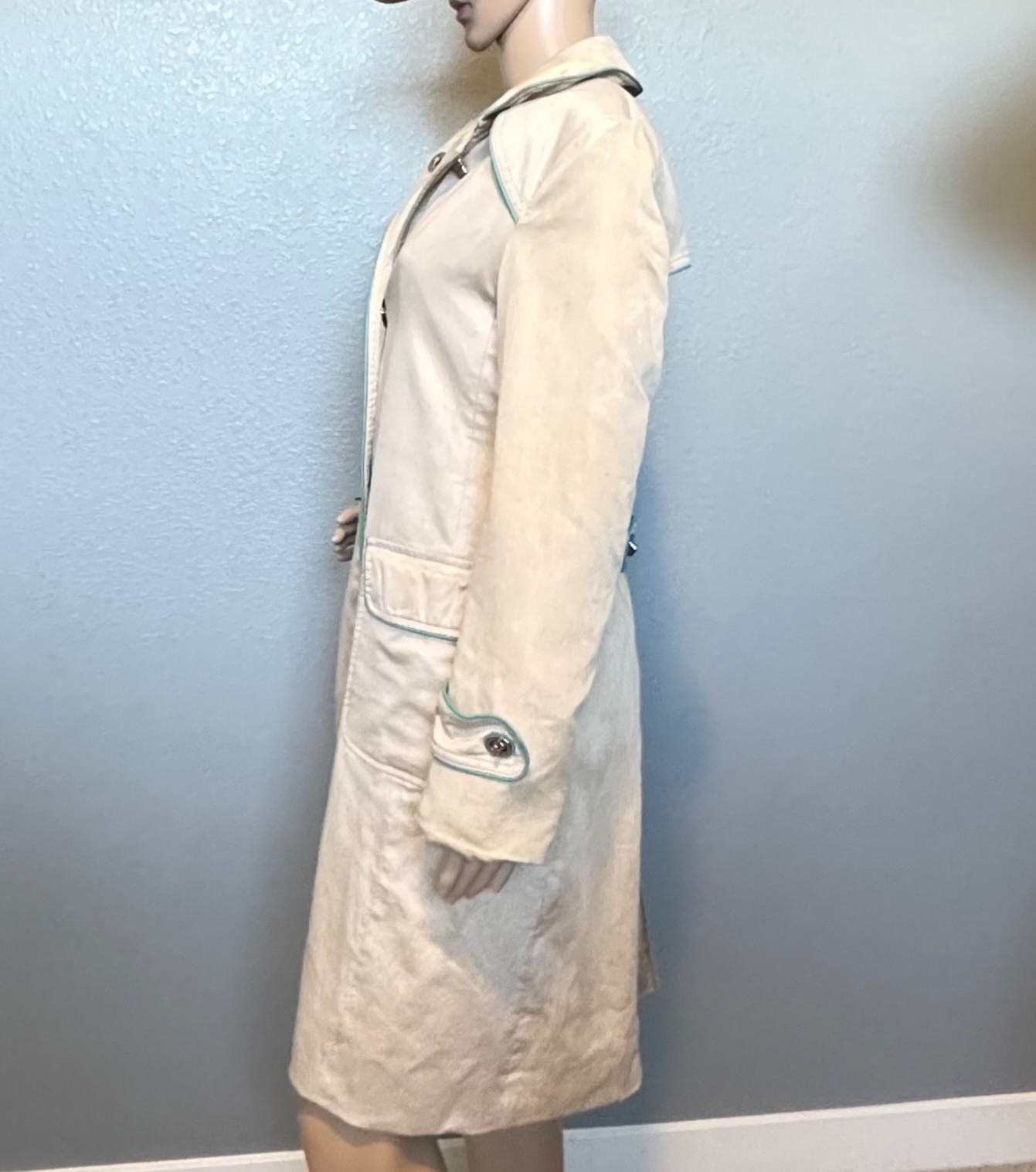Vintage Coach Trench Coat with Teal Leather Trim and Polka Dot Lining Size 4