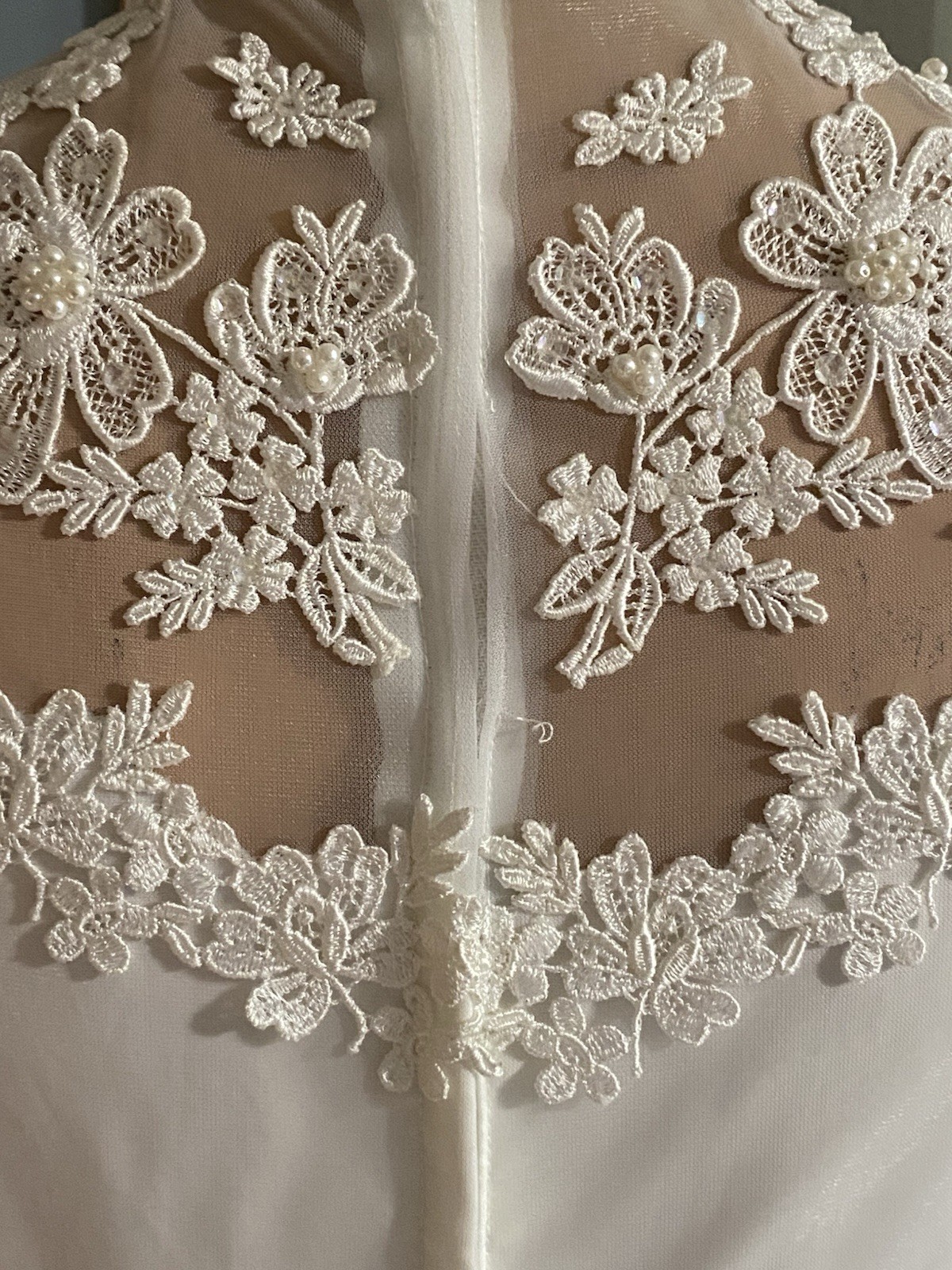 Vintage Lace Pearl Appliqué High Neck Long Sheer Sleeve 1970s Wedding Gown S/M