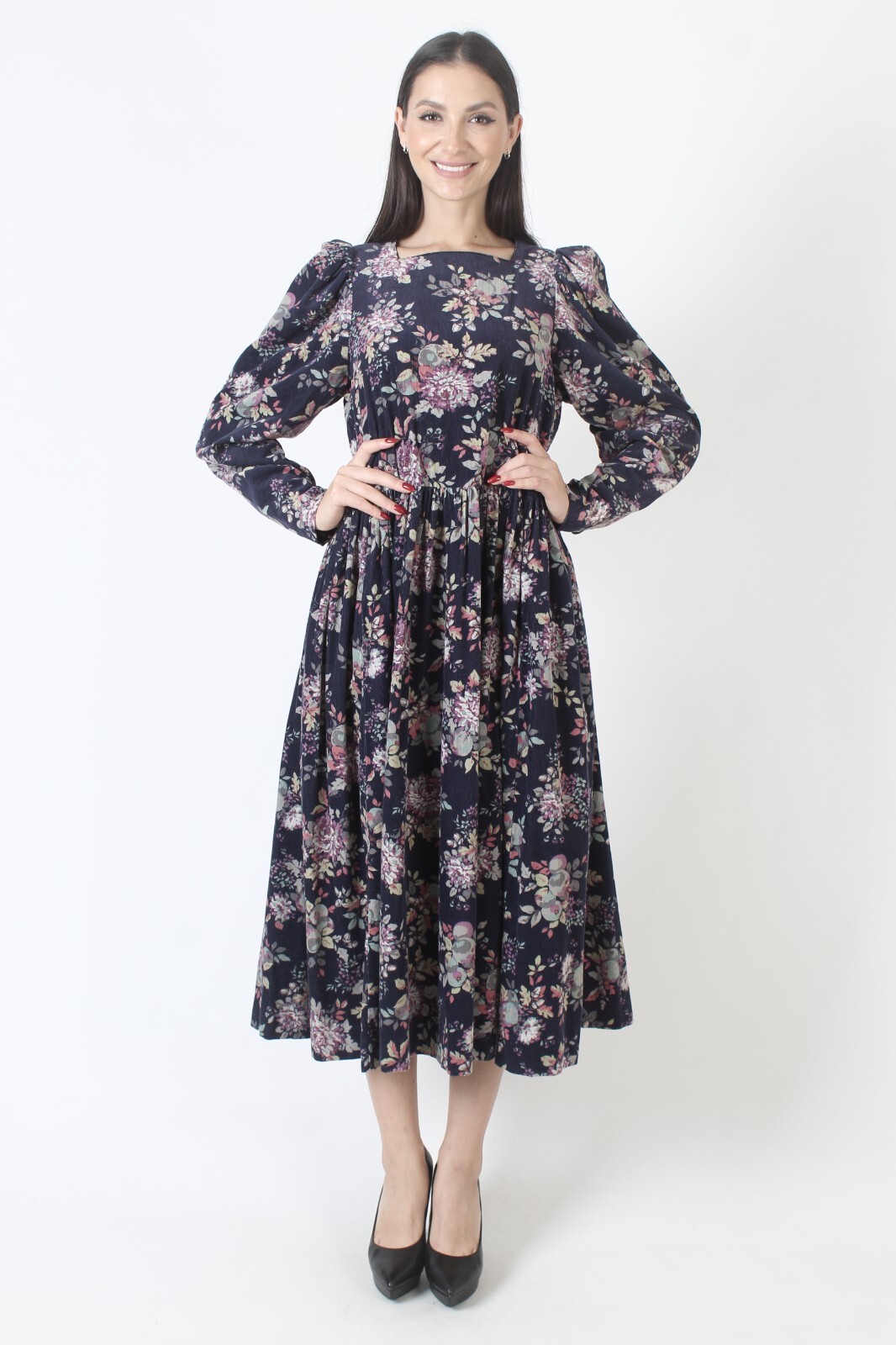 Vtg 80s Laura Ashley Corduroy Dress Floral Farm Cord Pockets Prairie Midi 12 10