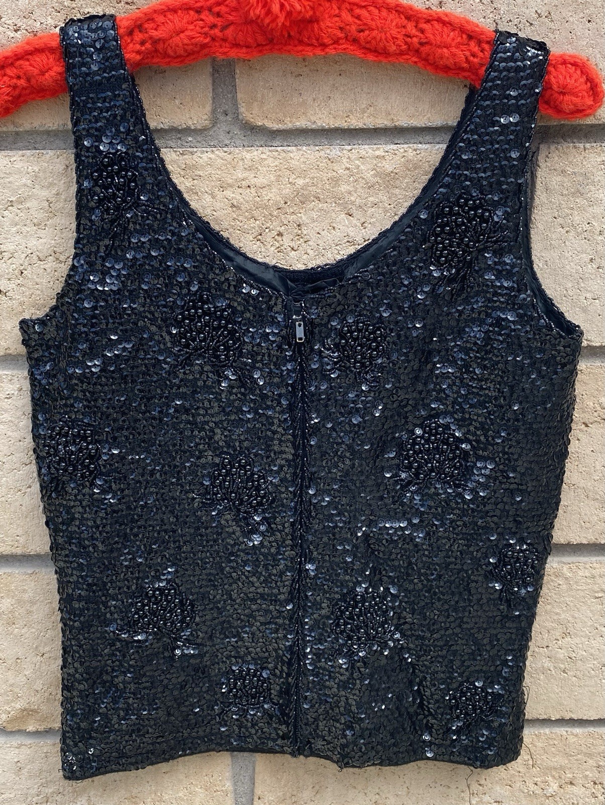 Black Sequin Beaded Wool Top Hong Kong Metal Zip Pinup Glam Tank S 50s 60s Vtg