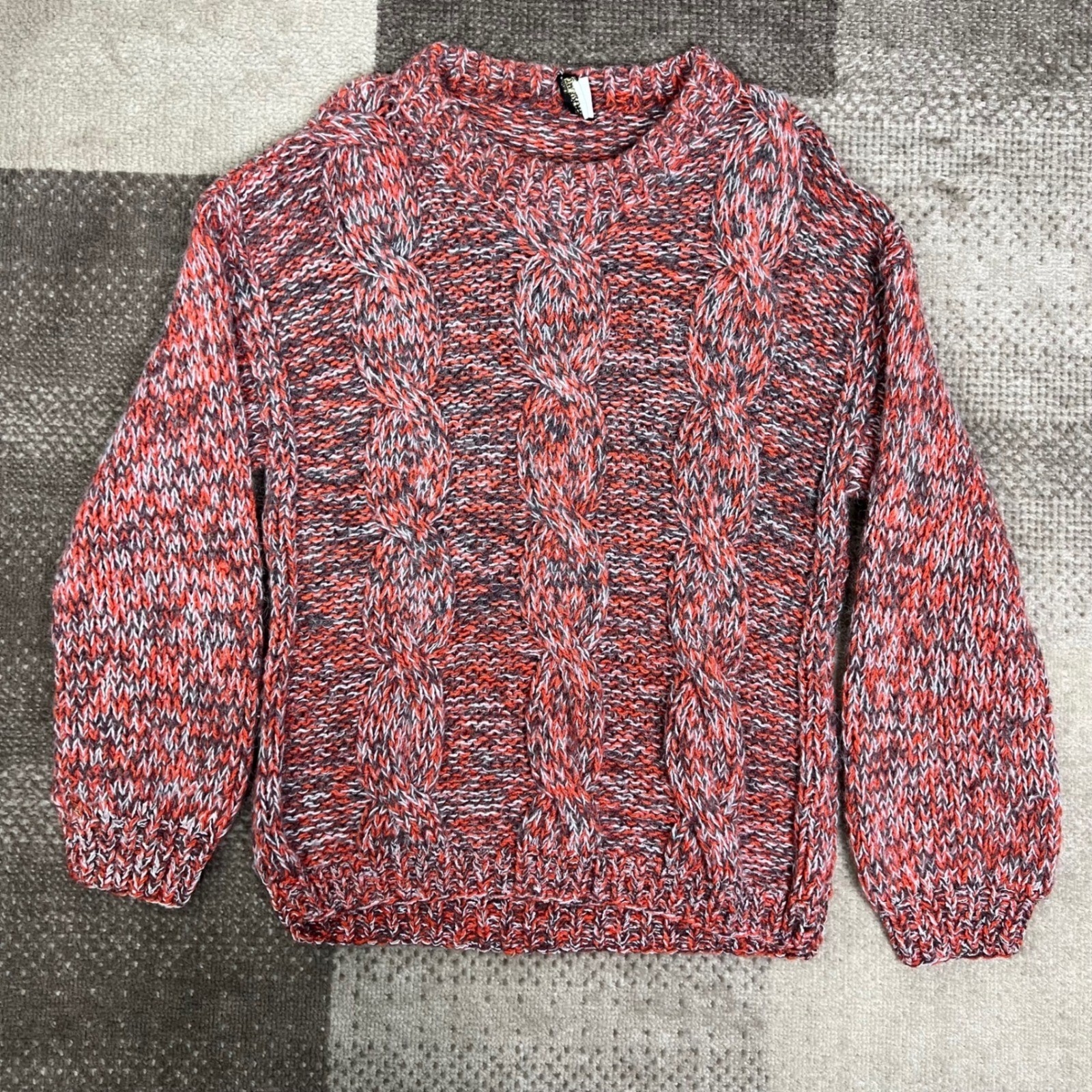Vintage Mogar Italy Hand Knit Mohair Wool Cable Sweater Red Orange Womens M