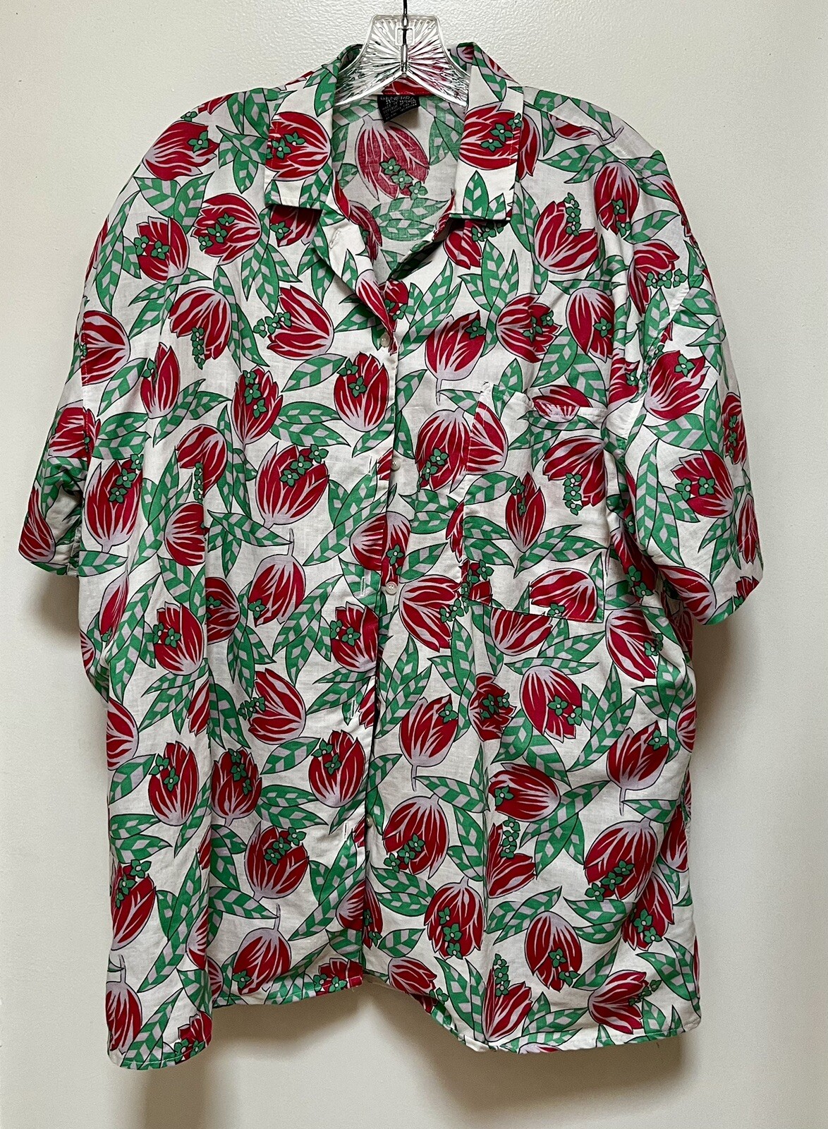 Vintage 80s 90s Generra Women’s Large White Cotton Blend Polo Camp Shirt Tulip