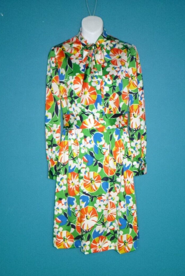 Vtg 60s Eleanor Brenner Couture Tropical Floral Dress W/ Pussy Bow Sz XS/S