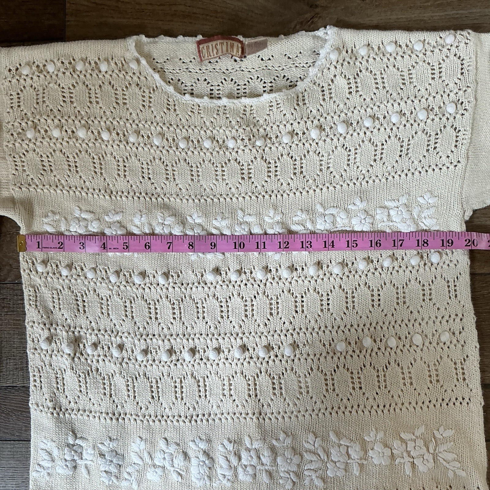 VINTAGE Size M Cristina Cream Open Knit Floral Sweater Womens Ramie Cotton 37701
