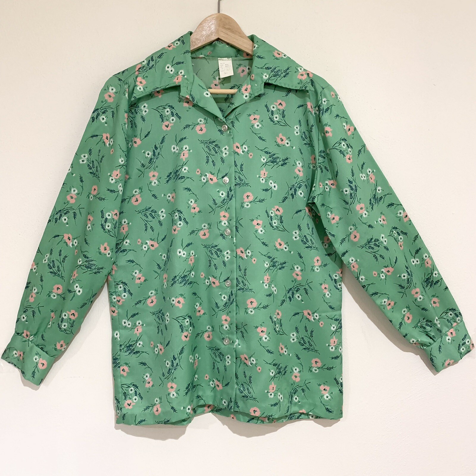 Vtg 70s Shirt M 38 Dagger Collar Multi Color Green Long Sleeve Disco Polyester