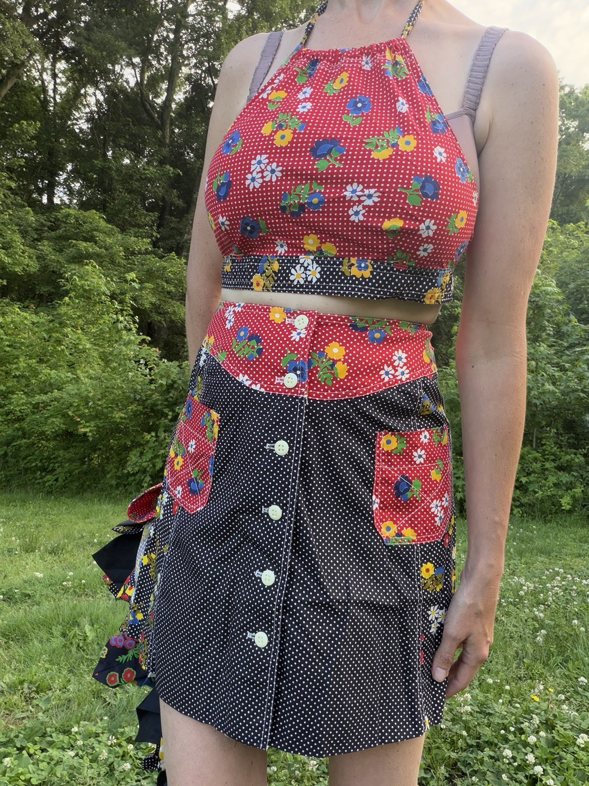 Vintage 1960s 1970s Cotton Four Piece Maxi Mini Skirt Halter Crop Tie Top