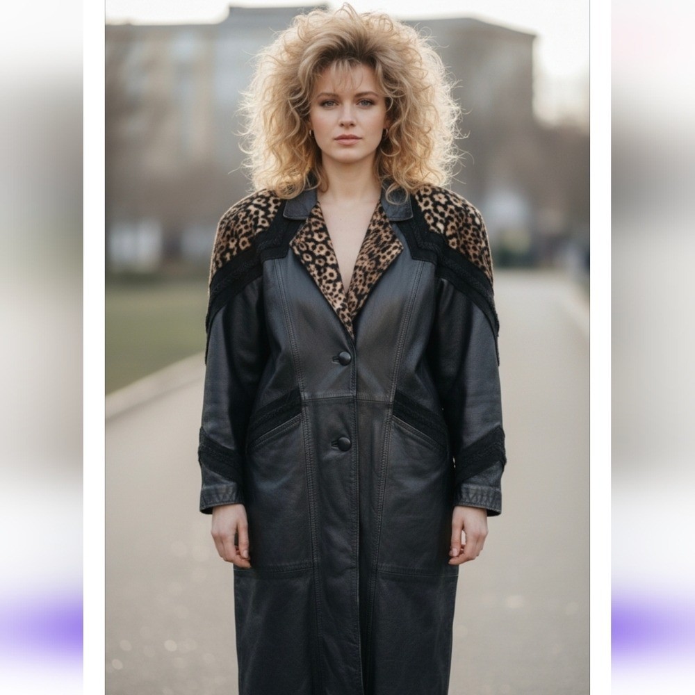 Vintage 80s JF J Ferrar Black Leopard Print Leather Suede Trench Coat Size Large