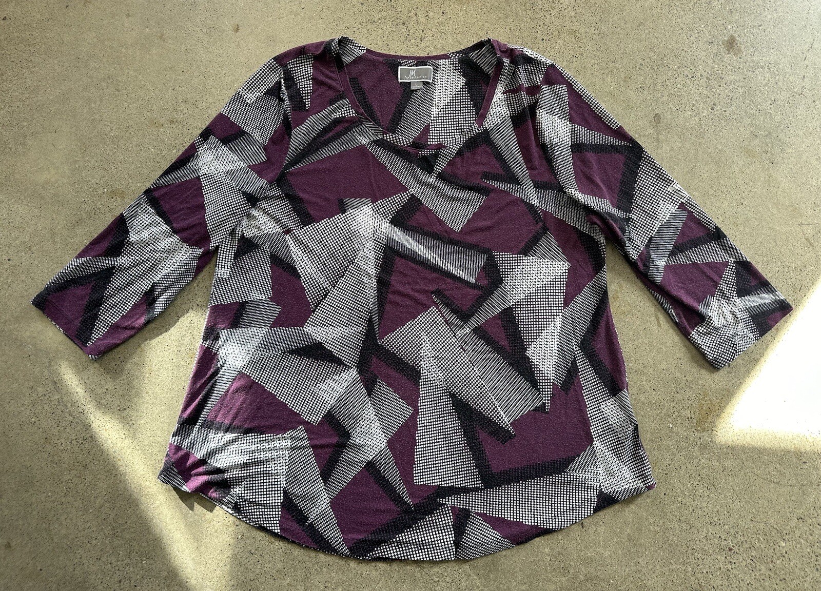 Vintage JM Collection White Purple Rayon Blend Geometric Triangle Shirt Size L