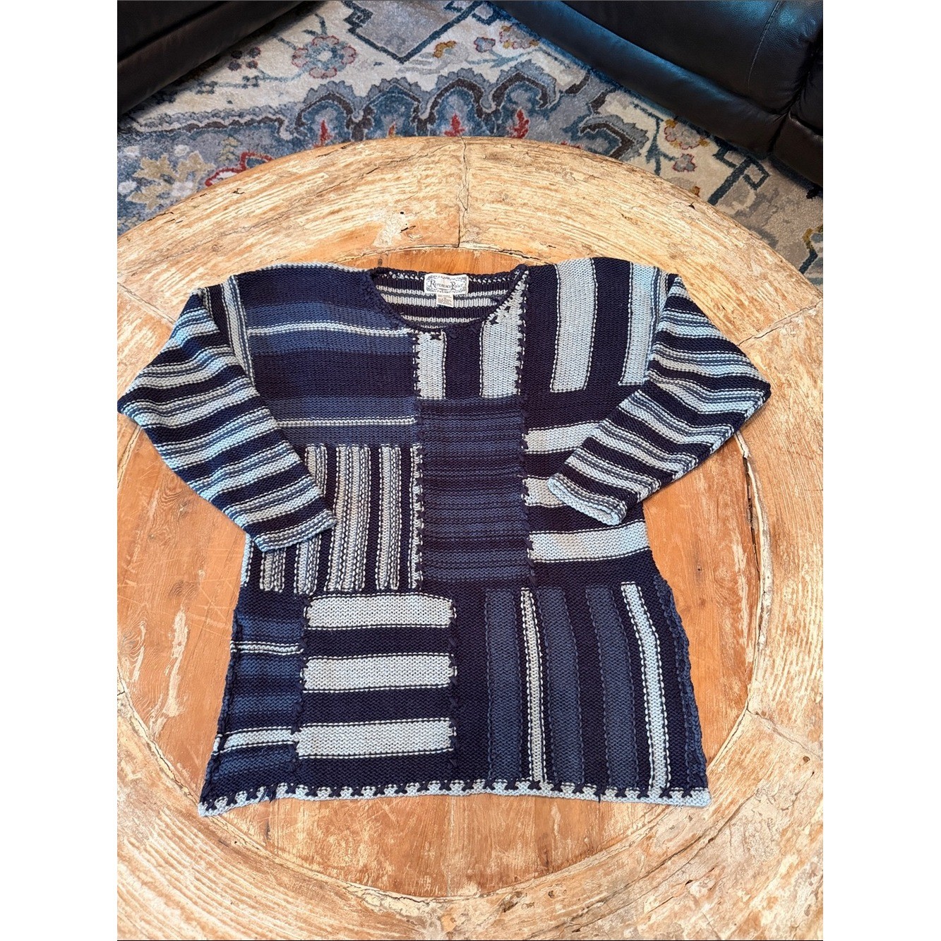 Vintage Blue Patchwork Stripe Sweater Made in Hong Kong Coastal Cottagecore M