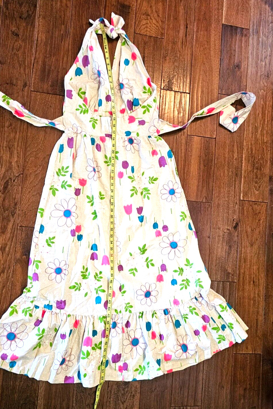 Vintage 70s Maxi Dress Small Floral Print Halter Neck Pink Orange Blue