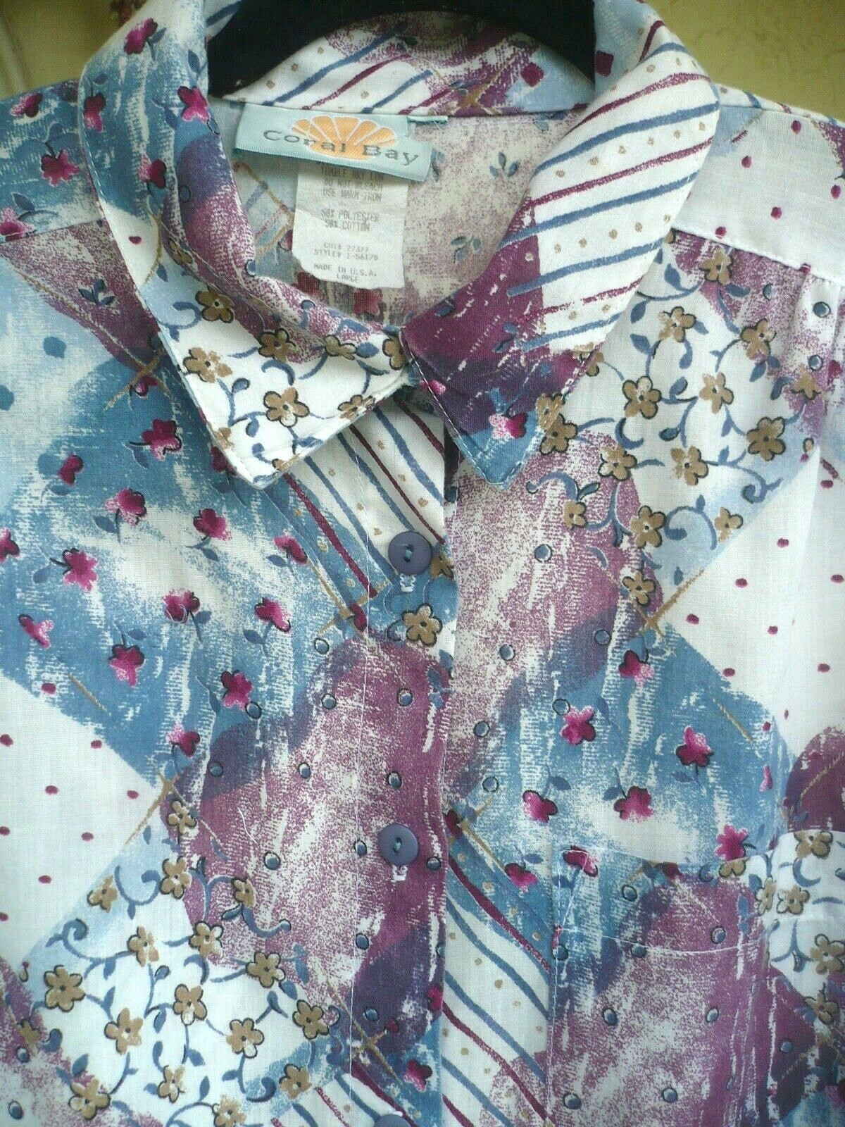 VTG CORAL BAY 80 90S BUTTON UP COTTON FLORAL PATCHWORK PRINT XL L TAB SHIRT LADY