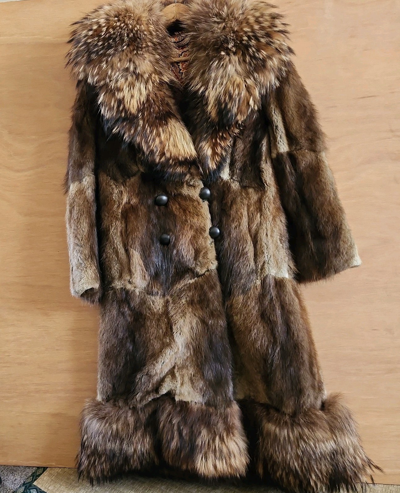 Vintage Rabbit Fur Coat w/ Raccoon Fur Collar & Trim Paisley Lining 41″ -AS IS-