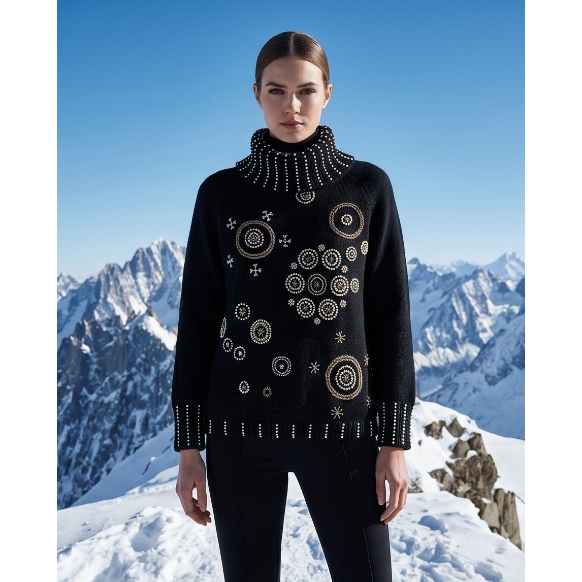 Victoria Harbour L Vintage Embellished Turtleneck Sweater Black Gold 80s Large