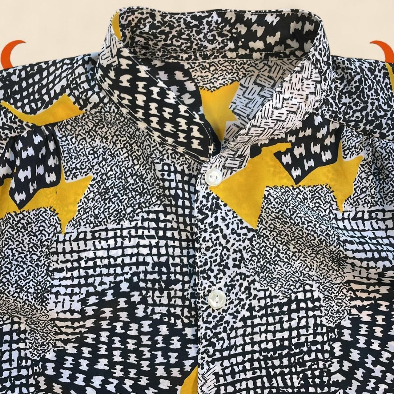 Vintage 80s Women’s Blouse Colorful Black White Yellow Mix Print Secretary Retro