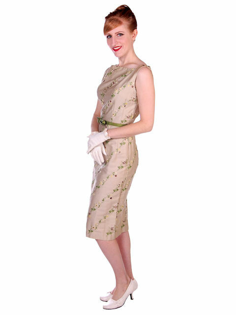 VTG 60s Floral Sheath Dress S Tan Polished Cotton Embroidered Belted XS