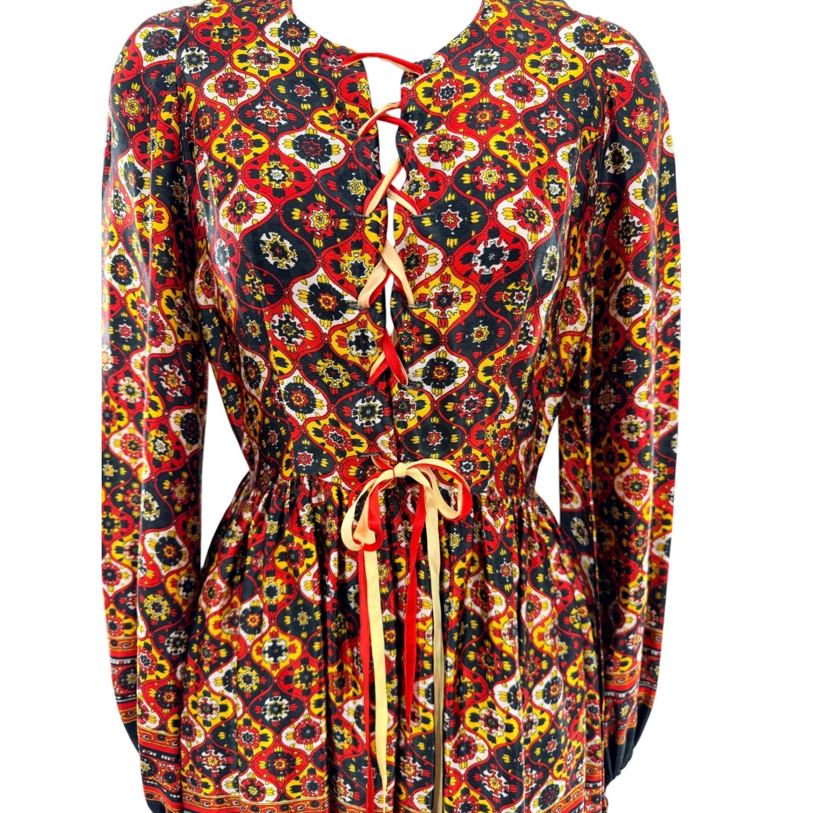 Vintage Young Innocent by Arpeja Red Psychedelic Tile Lace Up Mini Dress Tunic