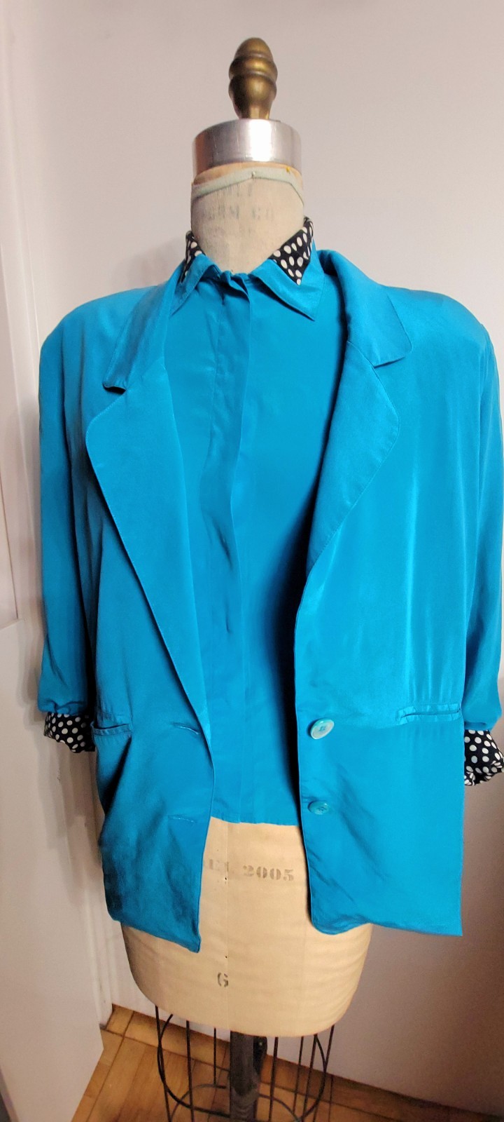 Oleg Cassini Washable Silk Vintage 80’s Turqouise Silk 2-piece Blouse + Blazer