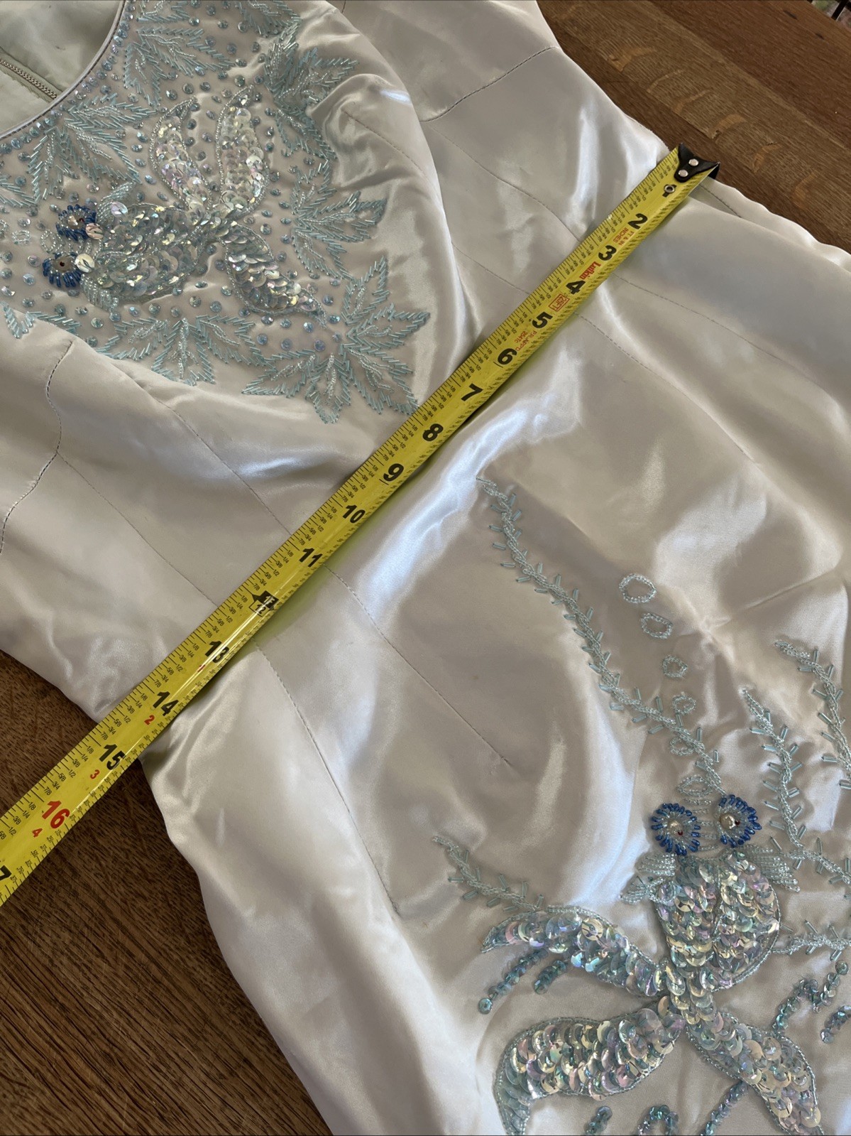 VTG 50/60s Satin Hand Beaded Sequin Light Blue Sheath Dress Sz Small Fish Koi