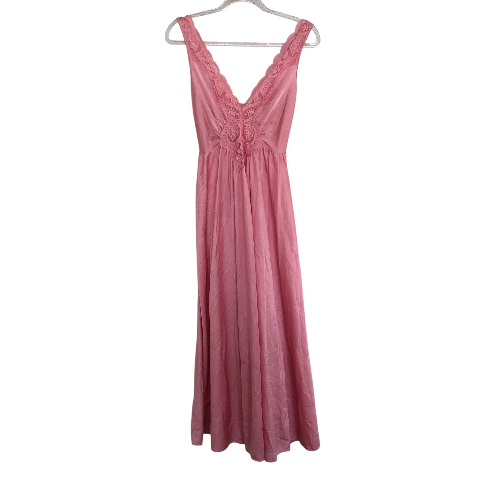 Vtg 70s Olga Pink Nylon Nightgown Lace Inset Empire Waist Long Full Sweep Medium