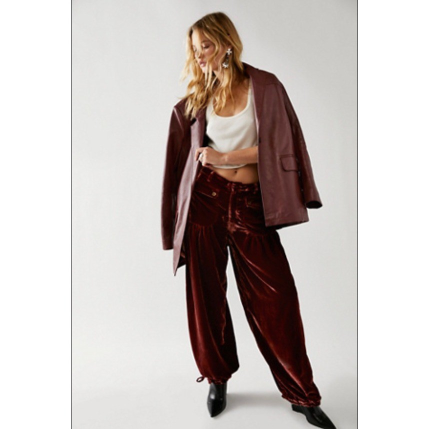 Free People We the Free NWT Lotus Burgundy Ankle Cinch Velvet Pants 25 W- flaws