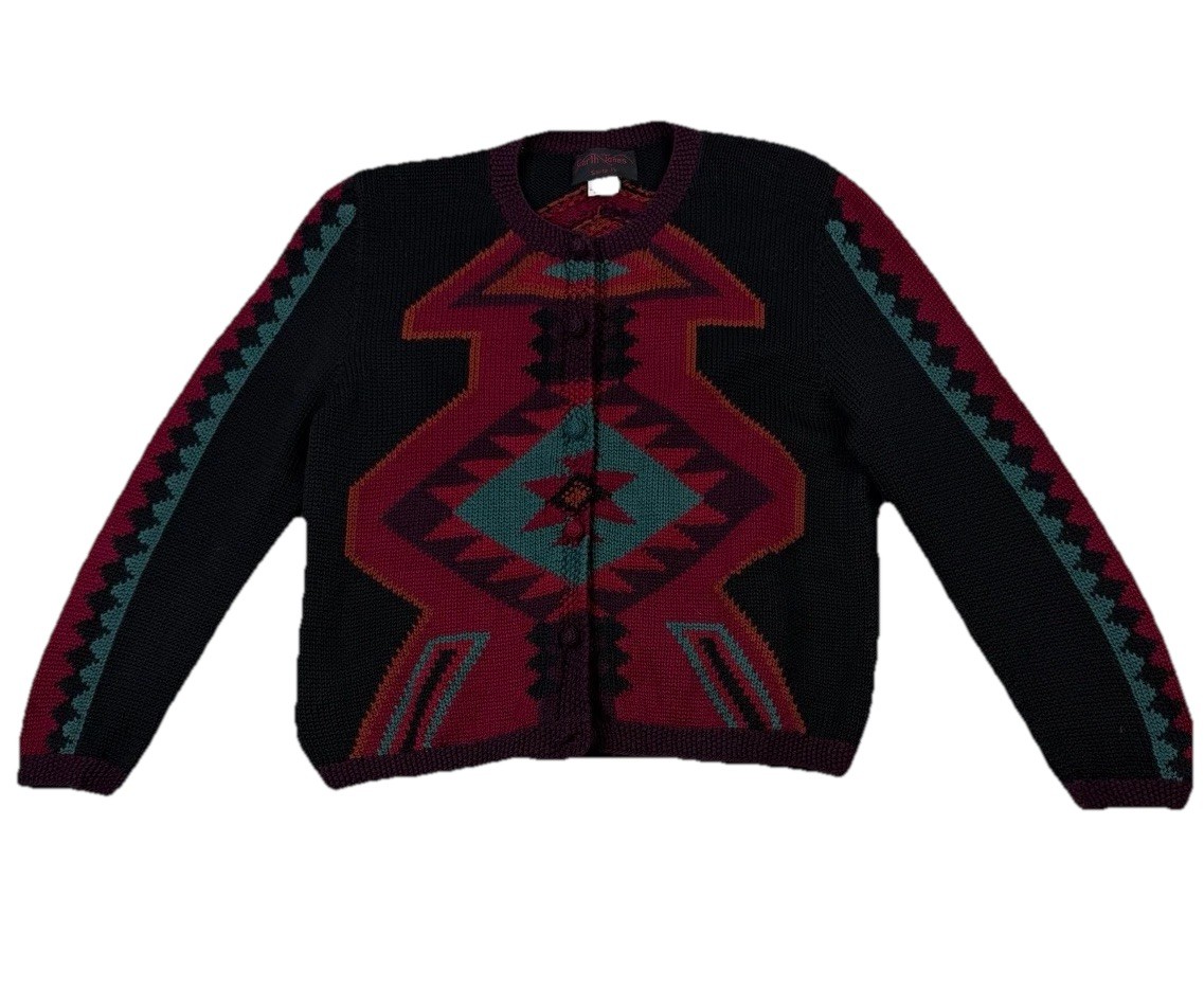 Vtg Earth Tones Santa Fe Sz S/M Cardigan Sweater Aztec Southwestern Cotton Peru