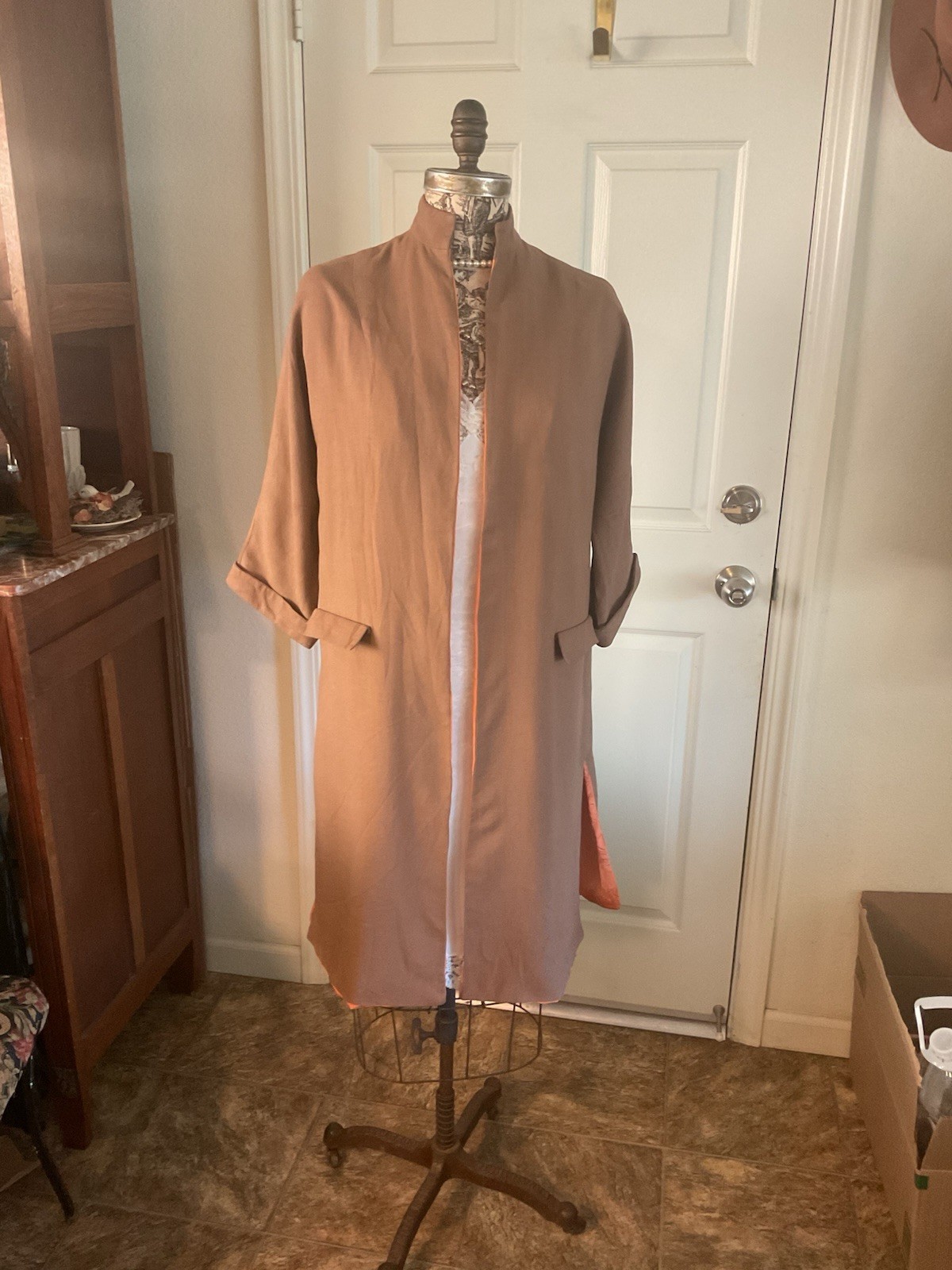 Vintage 1950 FALL AUTUMN DUSTER COAT Brown Linen Orange Lining M