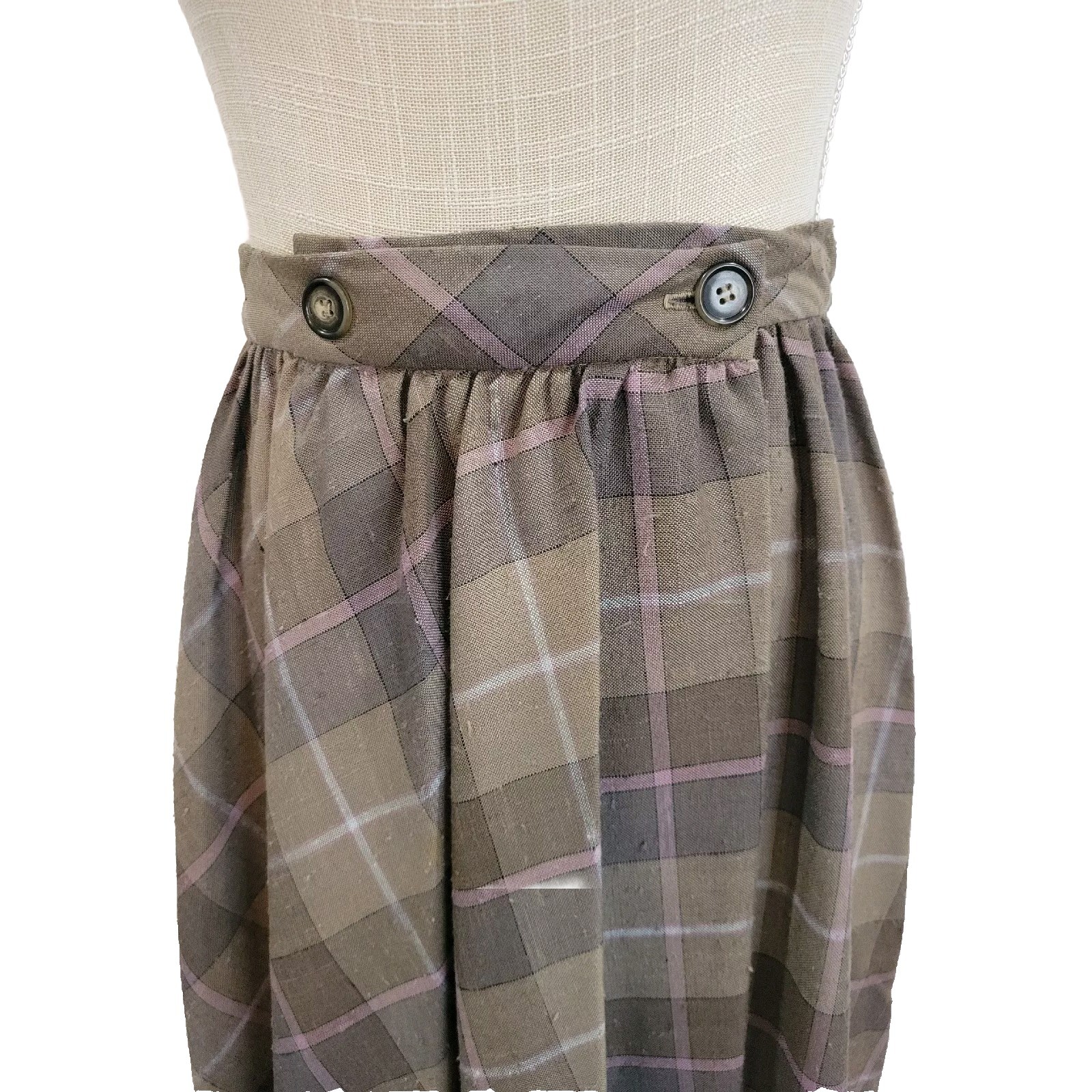 Halston III Vintage Plaid Midi Skirt Womens 4 Brown Mauve 25″ Waist Designer