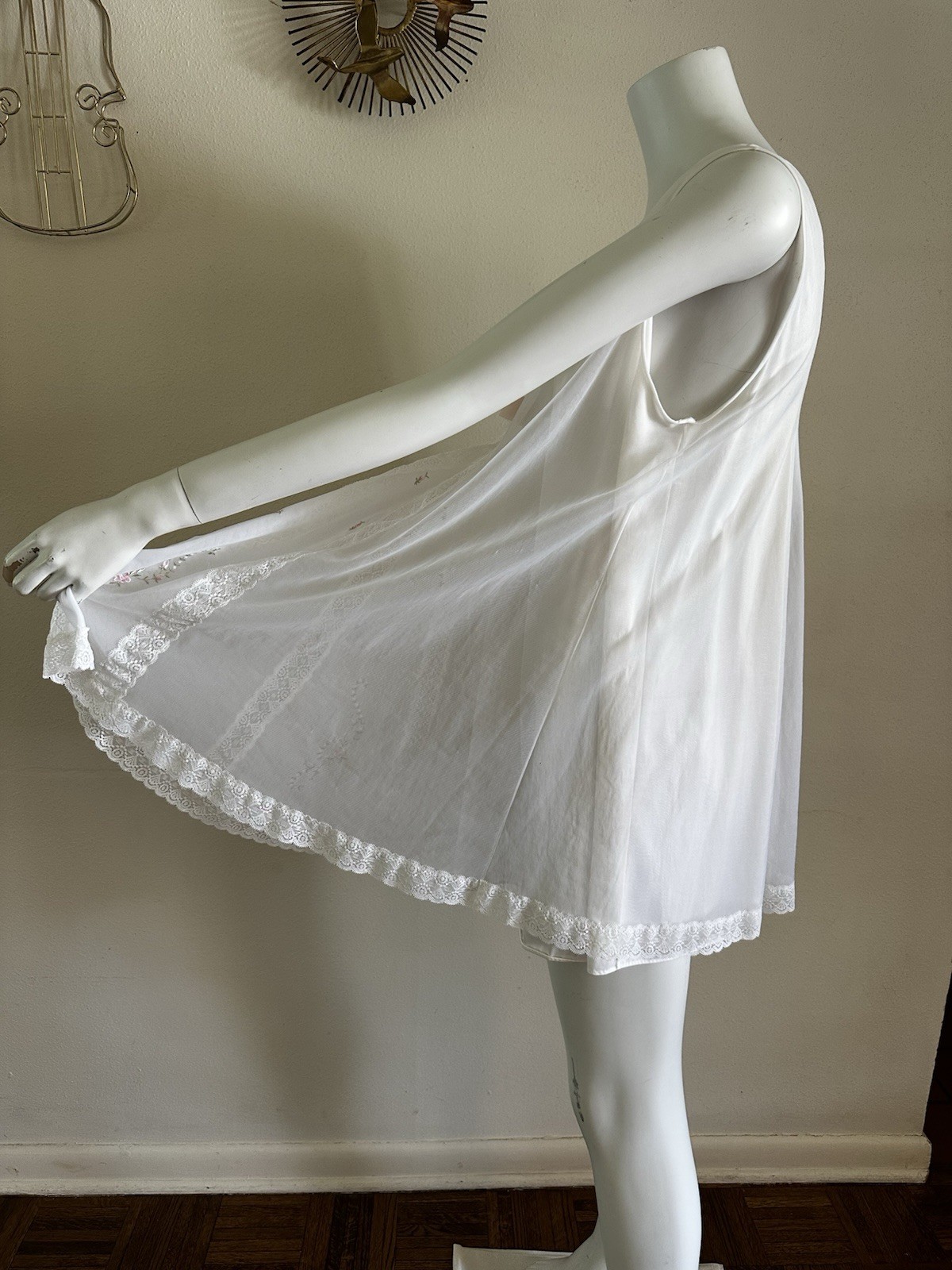 1960s Shadowline Nylon Peignoir Set M Babydoll Robe Lace Floral Sheer Boudoir
