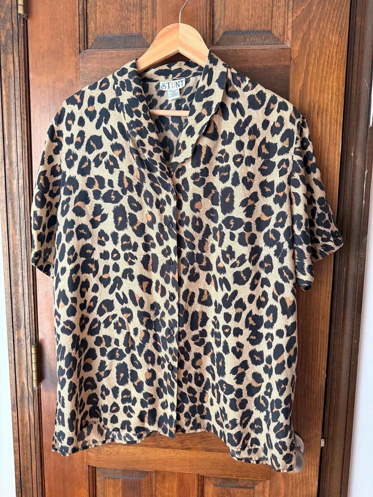 Vintage 90s Leopard Print 100% Silk Blouse Button Front Animal Print Top Large