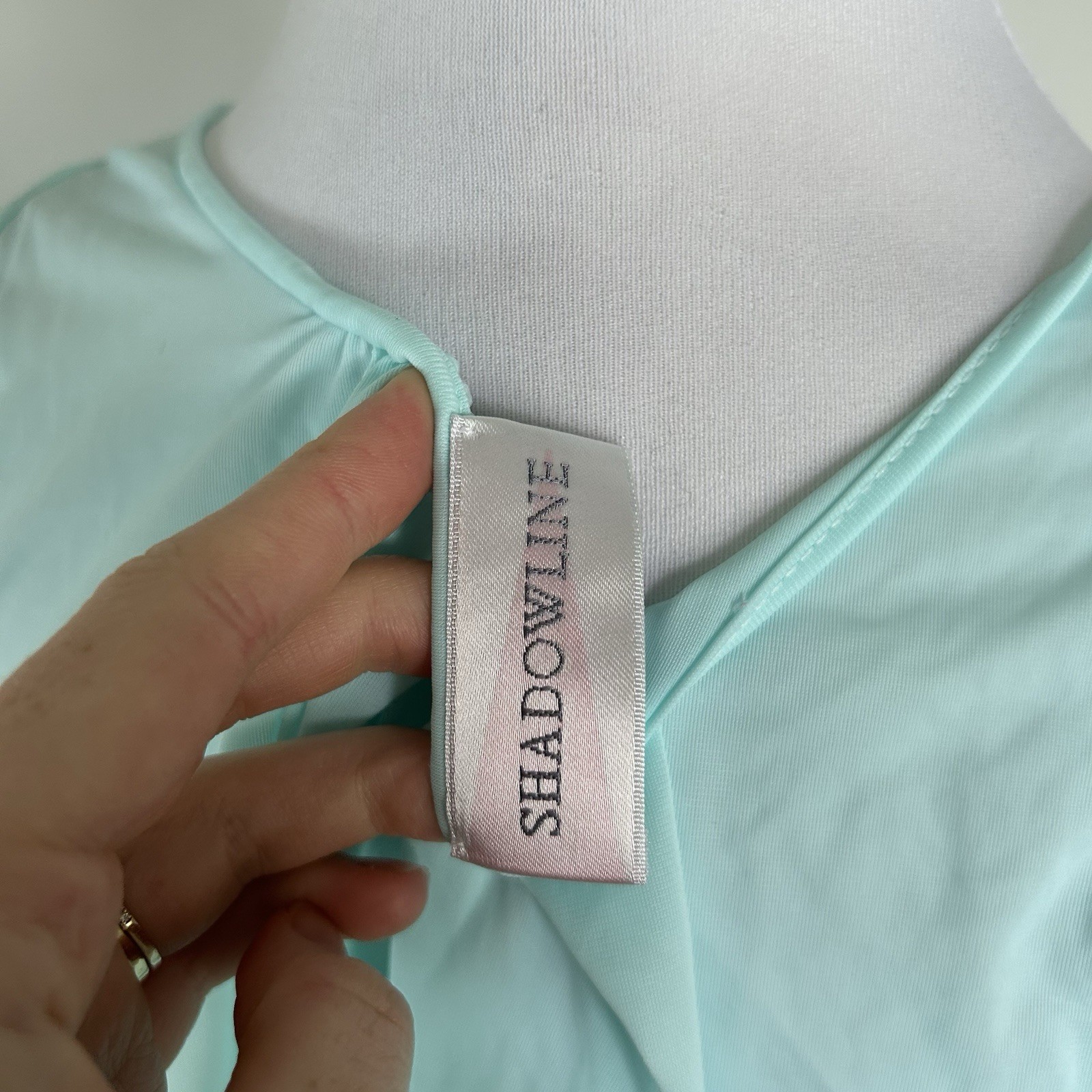Vintage M Long Blue Shadowline Sleeveless Nightgown Lace Neckline Embroidered
