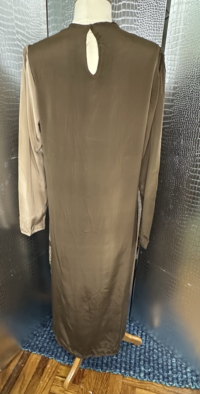 I Magnin Nicole LTD Vintage Silk Floral Long Sleeve Brown Tan Green Dress SZ 12