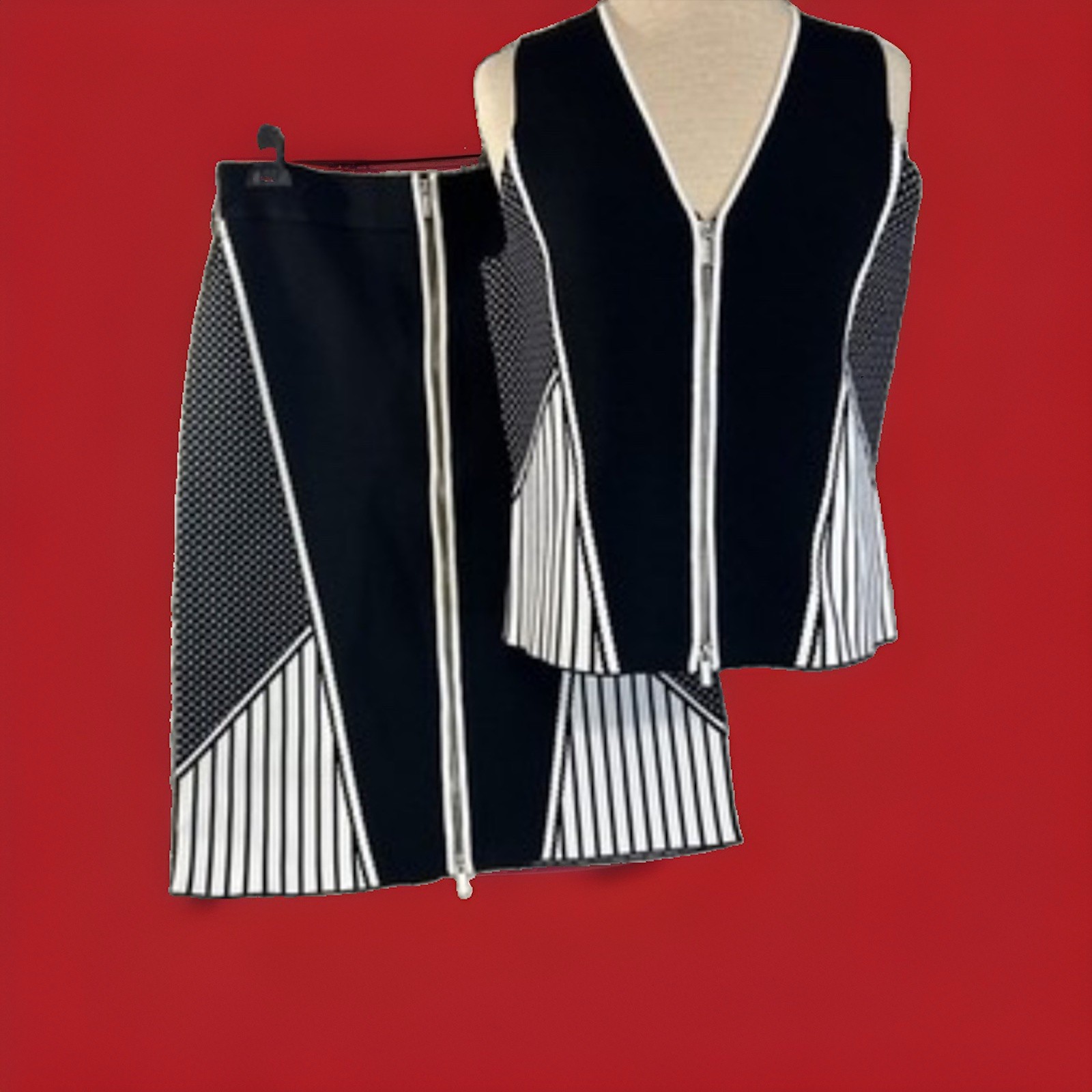 Cache Suit Black White Stripe Skirt & Top Zip Front Knit Medium Y2K NWOT