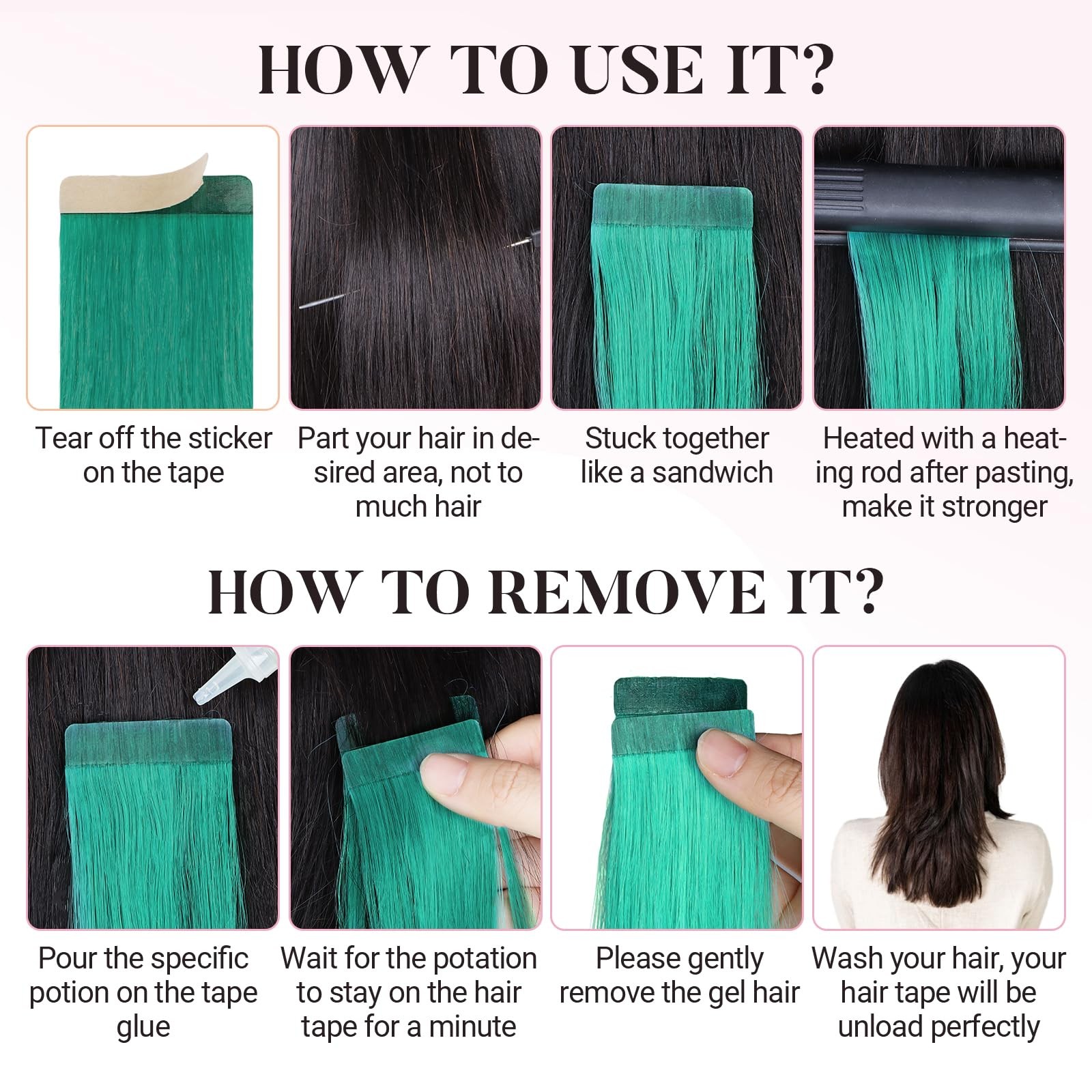 MAXITA Green Tape-In Hair Extensions Human Hair 16 Inch 10pcs Remy Silky Straigh