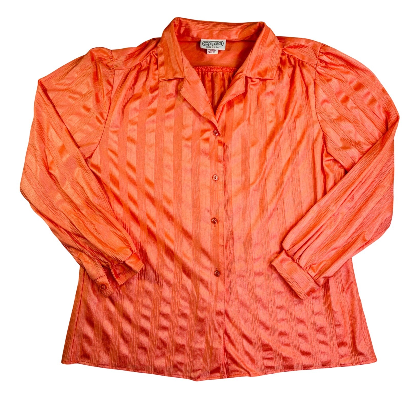 Vintage Copy Cats Coral Orange Striped Button Up Blouse Long Sleeve Size 18 USA