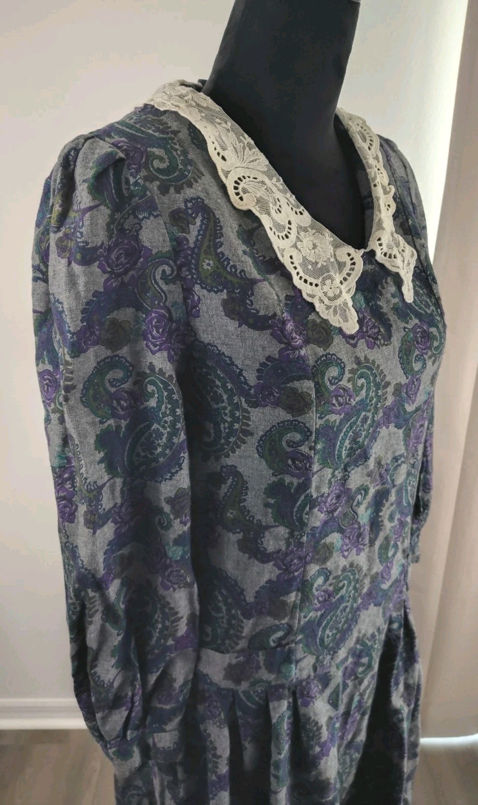 Vintage 80s Laura Ashley 10 Cotton Wool Floral Dress Lace Collar Cottage England