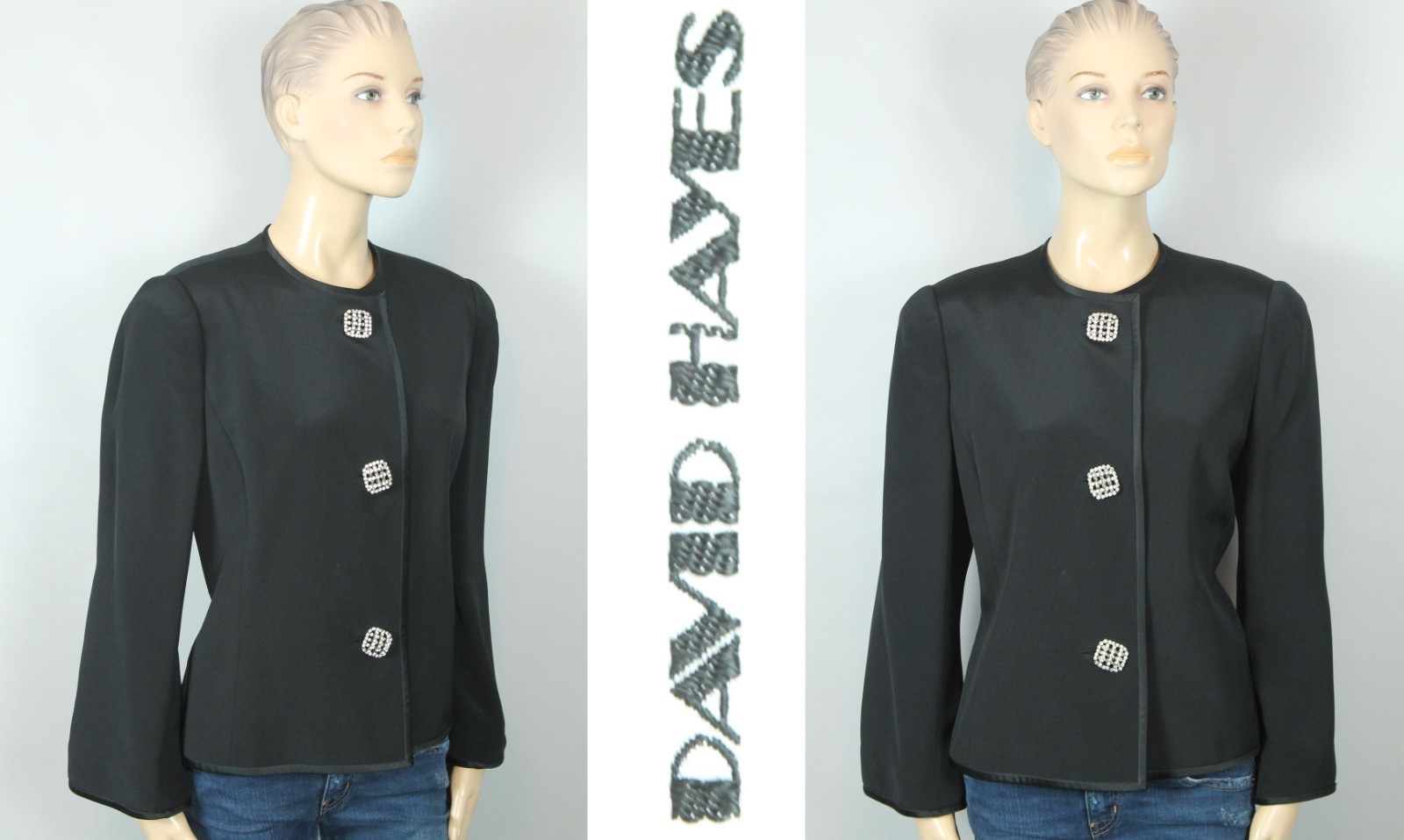 Vtg DAVID HAYES Black Pure Silk Formal Jacket Blazer w/ Rhinestone Buttons 14