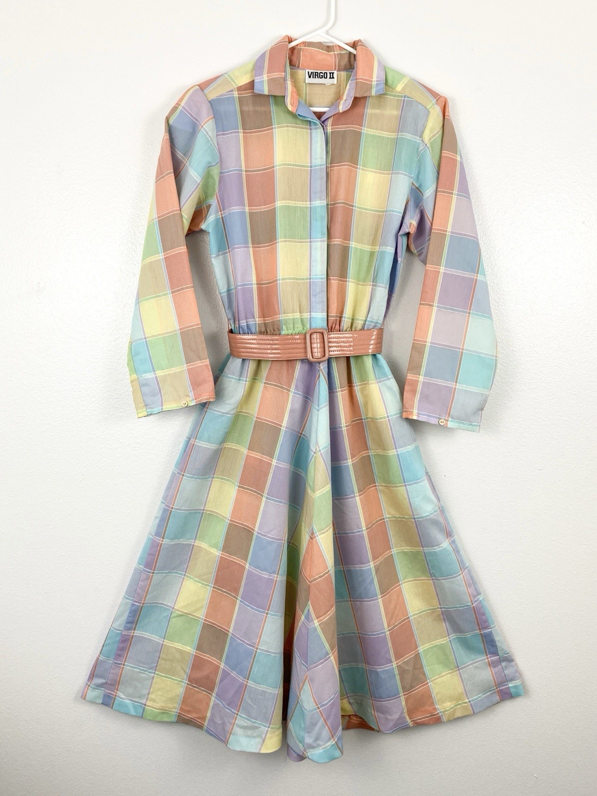 VTG 70s 80s Virgo II Pastel Rainbow Plaid Shirtwaist Dress w/Belt ILGWU USA S
