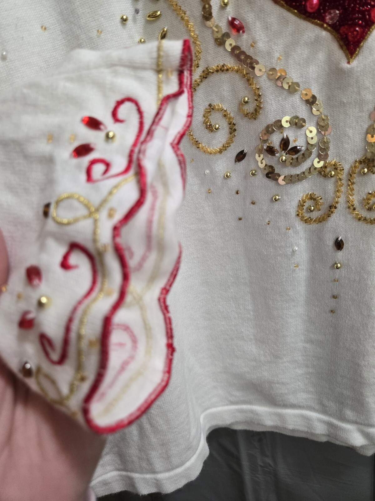 Vintage Women’s Red Sequin Heart White Top By Jack B. Quick 3/4 Sleeve Size LG