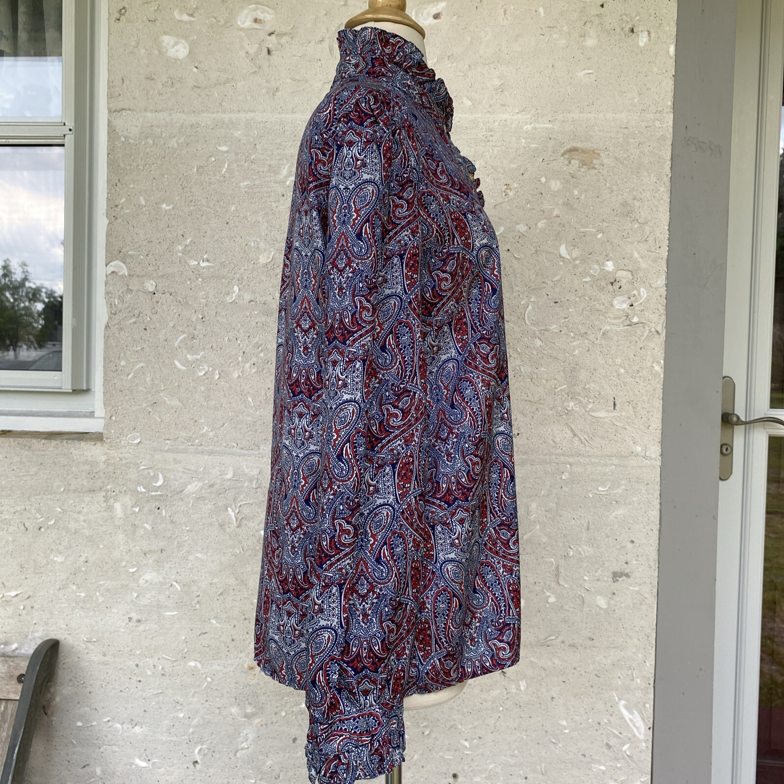 Vintage Secretary Blouse Shirt Large Red White Blue Paisley Ruffle Neck 70s 80s