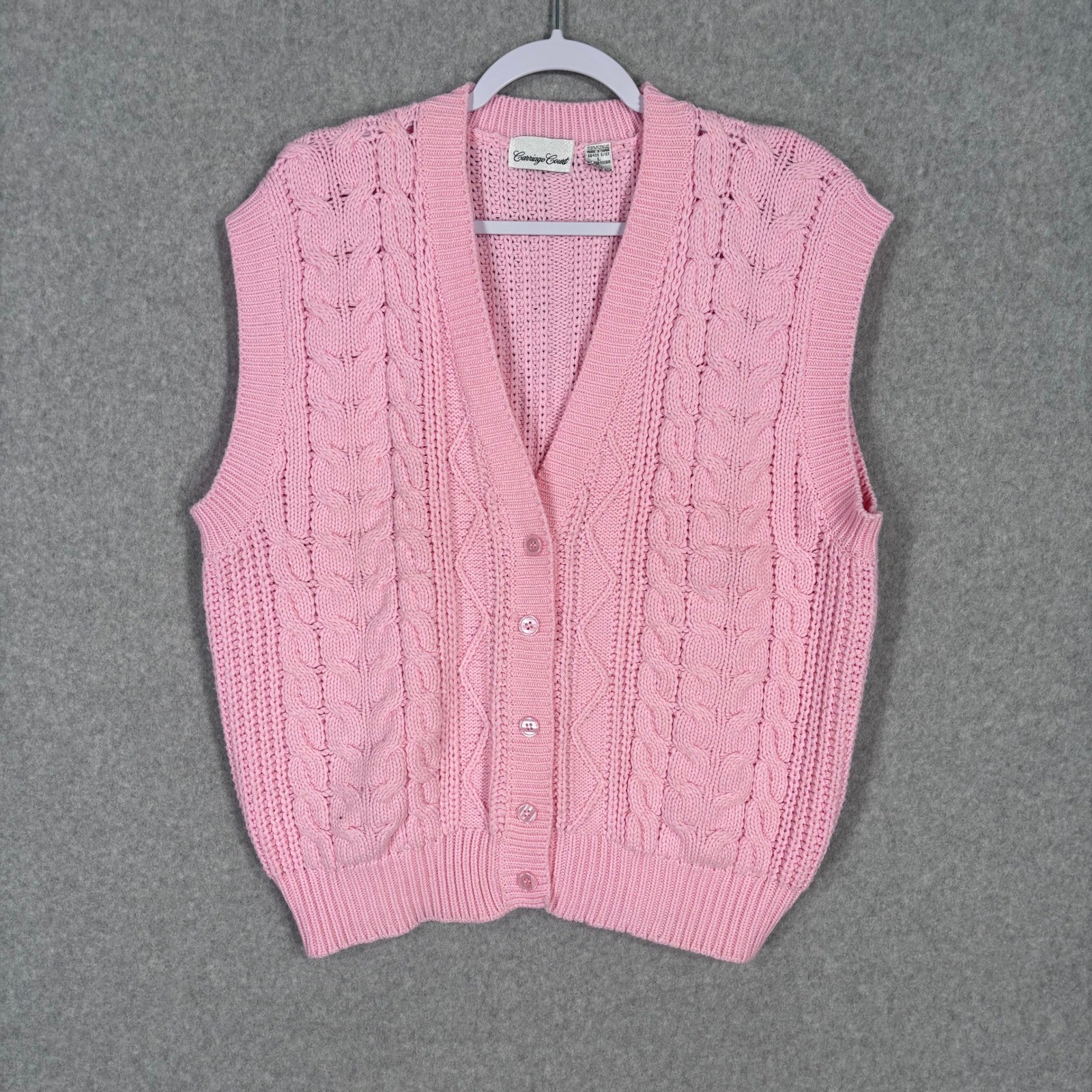Vintage Cable Knit Sweater Vest Cardigan Large Cottage Granny Feminine Pastel