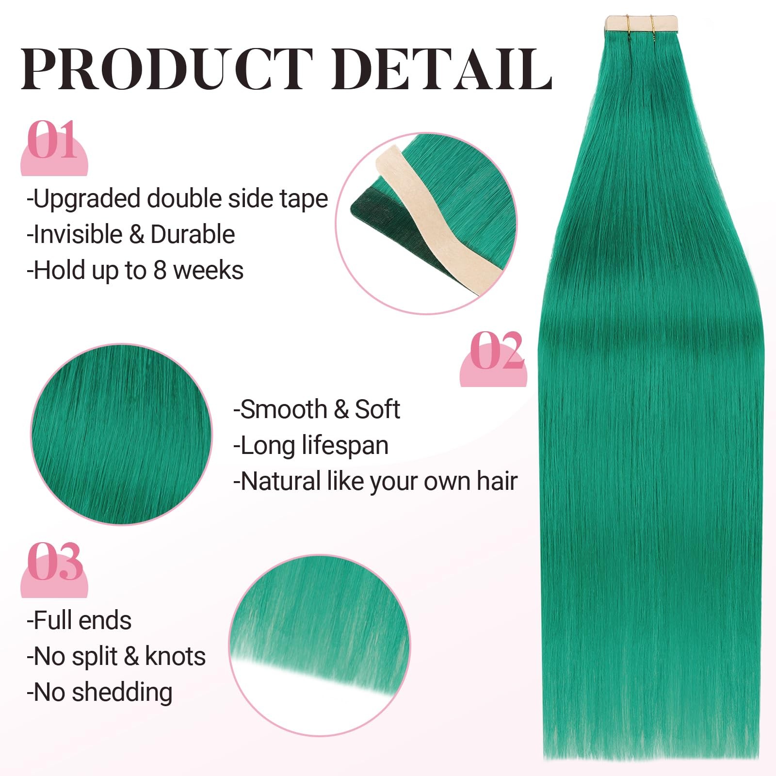 MAXITA Green Tape-In Hair Extensions Human Hair 16 Inch 10pcs Remy Silky Straigh