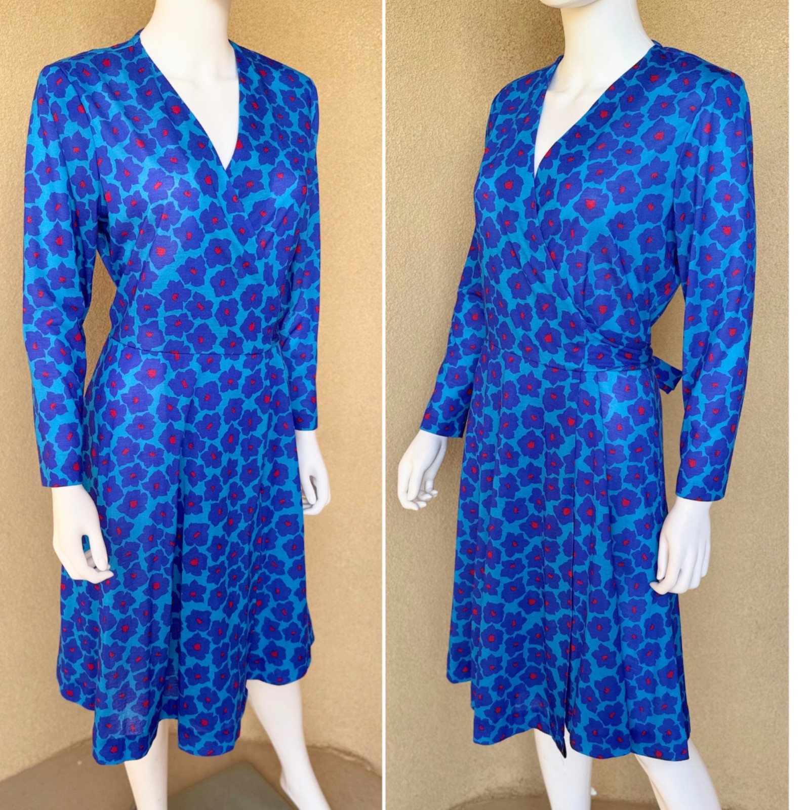 Vintage Americana Electric Blue Floral Wrap Dress 12P